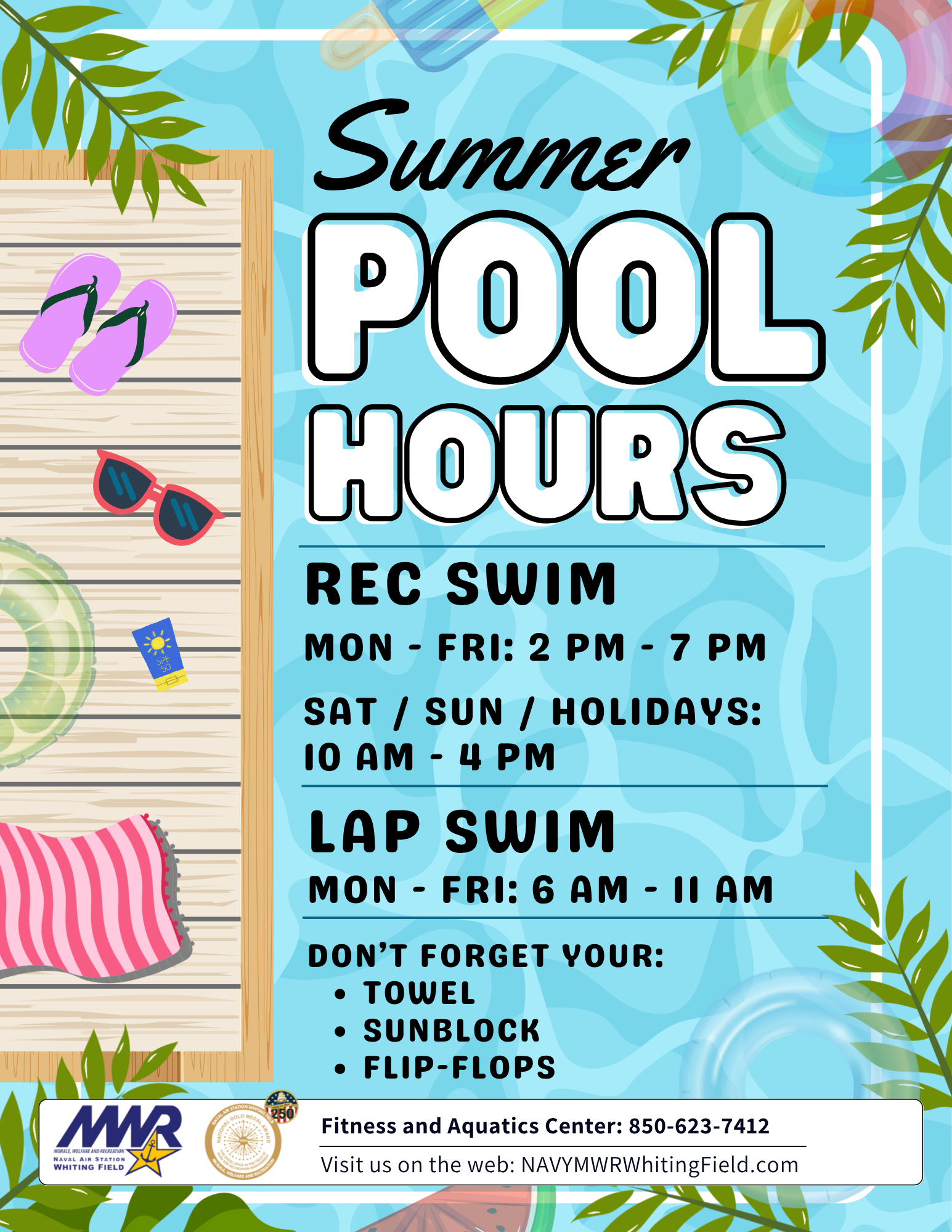 Tropical leaves and pool water background. Text lists "Summer Pool Hours" for "Rec Swim" and "Lap Swim" with branding at the bottom. Tropical leaves and pool water background. Text lists "Summer Pool Hours" for "Rec Swim" and "Lap Swim" with branding at the bottom.